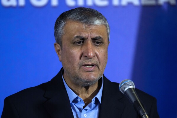 FILE - Head of Iran's atomic energy department Mohammad Eslami speaks during his joint press conference with International Atomic Energy Organization, IAEA, Director General Rafael Grossi after their meeting in the central city of Isfahan, Iran, Tuesday, May 7, 2024. (AP Photo/Vahid Salemi)