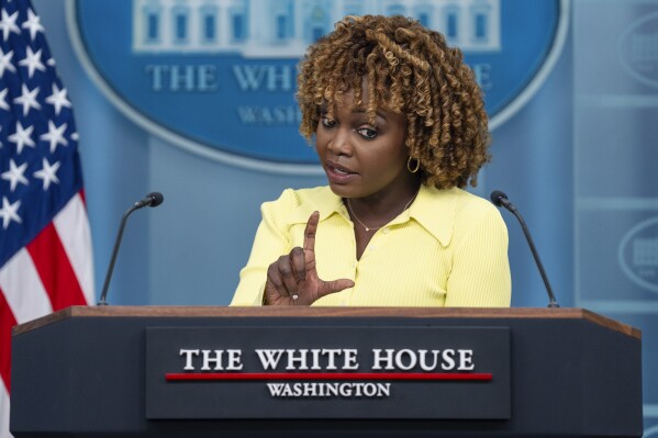 White House press secretary Karine Jean-Pierre speaks during a press briefing at the White House, Tuesday, July 9, 2024, in Washington. (AP Photo/Evan Vucci)