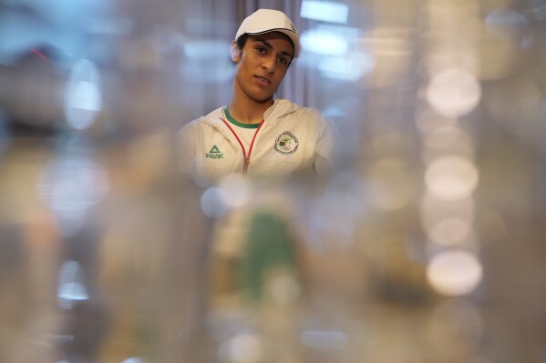 Algerian boxer Imane Khelif speaks during an interview with SNTV at the 2024 Summer Olympics, Sunday, Aug. 4, 2024, in Paris, France. (AP Photo/Vadim Ghirda)