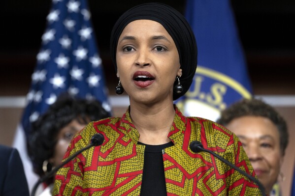 FILE - Rep. Ilhan Omar, D-Minn., speaks during a news conference, May 24, 2023, on Capitol Hill in Washington. (AP Photo/Jacquelyn Martin, File)