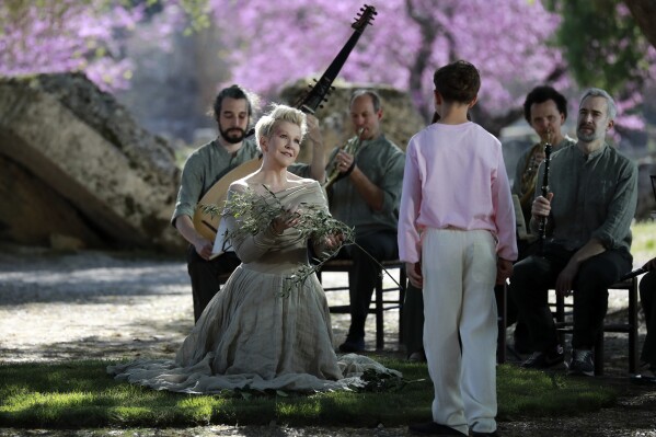 Mezzo-soprano Joyce DiDonato appears on April 8, 2024 at Ancient Olympia, Greece, during the recording of "Eden in Olympia." The film, directed by Olivier Simonnet, will be released on ARTE, ERT2 and Carnegie Hall+. (Cate Pisaroni via AP)