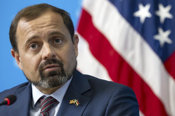 U.S. Special Envoy for Sudan Tom Perriello talks to the media about talks aimed on Sudan during a press briefing at the U.S. Mission in Geneva, Switzerland, Monday, Aug. 12, 2024. Perriello traveled to Switzerland to lead the United States delegation at talks aimed at a cessation of hostilities in Sudan. The talks are scheduled to start on Wednesday, Aug. 14. (Salvatore Di Nolfi/Keystone via AP)