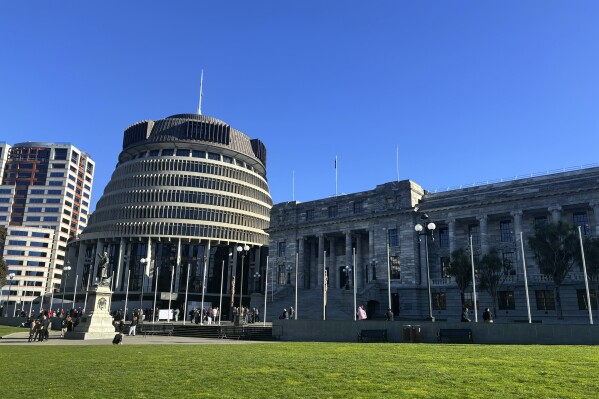 People arrive at Parliament in Wellington, New Zealand, on Wednesday, July 24, 2024, for the tabling of a wide-ranging independent inquiry into the abuse of children and vulnerable adults in care over the span of five decades wrote in a blistering final report. (AP Photo/Charlotte Graham-McLay)