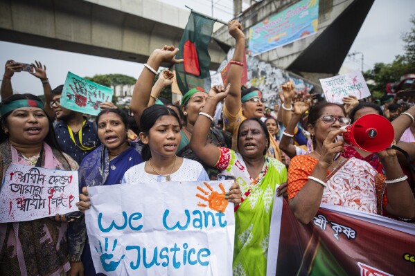 Hindus in Bangladesh hold a rally condemning violence against them and other religious groups in the Muslim-majority country, in Dhaka, Bangladesh, Monday, Aug. 12, 2024. (AP Photo/Rajib Dhar)