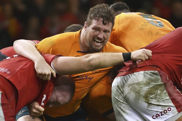 FILE - Australia captain James Slipper plays in a rugby union international match between Wales and Australia at the Principality Stadium in Cardiff, Wales, Nov. 26, 2022. Even after 135 test matches for Australia, including 15 as captain, veteran prop Slipper often gets tired of answering questions about the past. He was in that mood on Friday, July 12, 2024, a day before he'll lead the Wallabies into Saturday's second rugby test against Wales in Melbourne. (AP Photo/Rui Vieira, File)