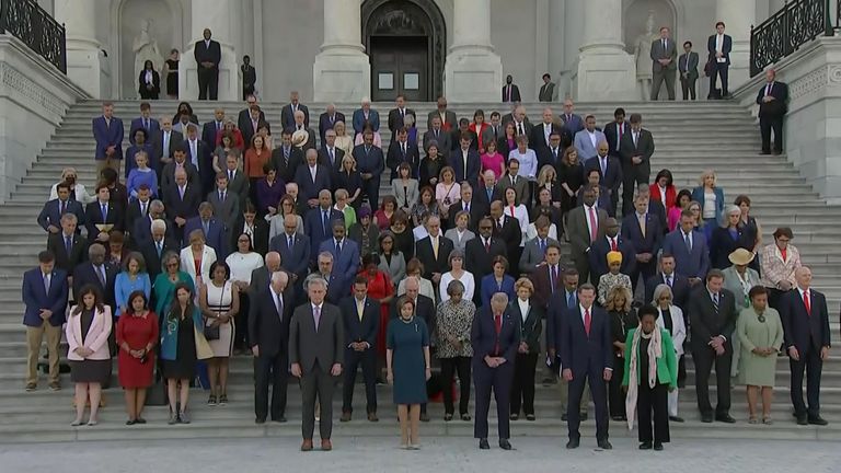 A bipartisan group of congressional leaders held a moment of silence Monday evening on the steps of the U.S. Capitol to remember and honor the estimated 600,000 American lives lost to the coronavirus pandemic.