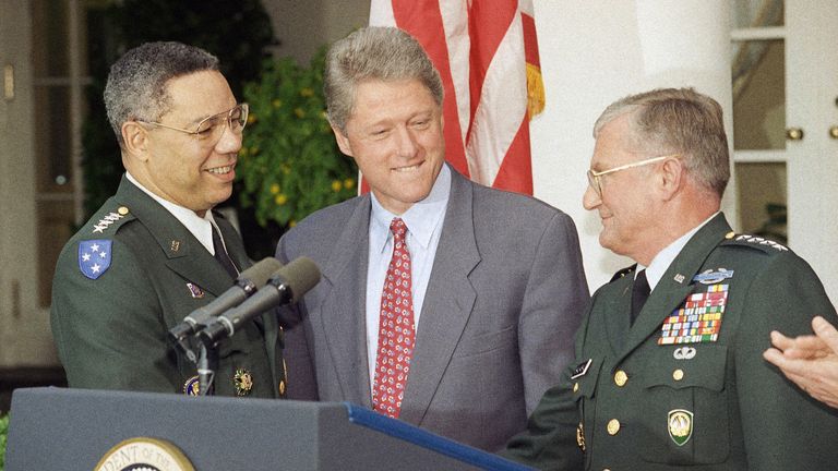 Chairman of the Joint Chiefs Gen. Colin Powell, left, congratulates his replacement, Army Gen. John Shalikashvili as President Bill Clinton looks on during a White House ceremony in Washington, Aug. 11, 1993 to announce the succession. Powell is retiring in September. (AP Photo/Doug Mills)
PIC:AP

