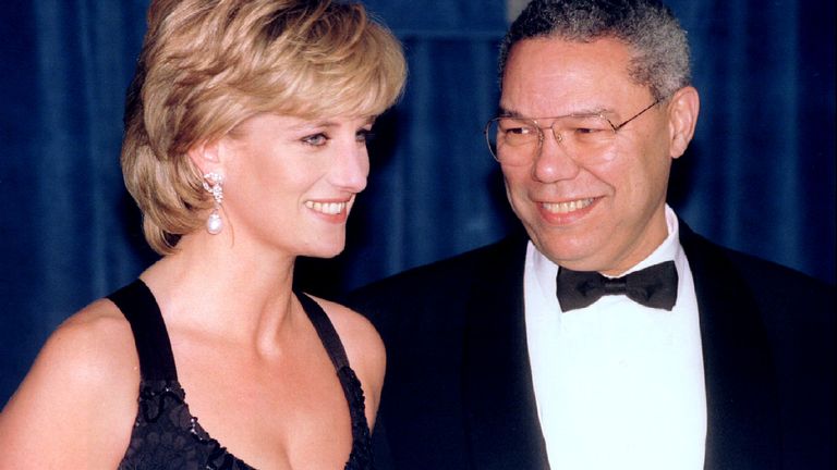 The Princess of Wales and retired U.S. General Colin Powell share a smile while attending the United Cerebral Palsy annual dinner in New York December 11. Diana was to receive their "Humanitarian Award" for her work with philanthropic organizations
