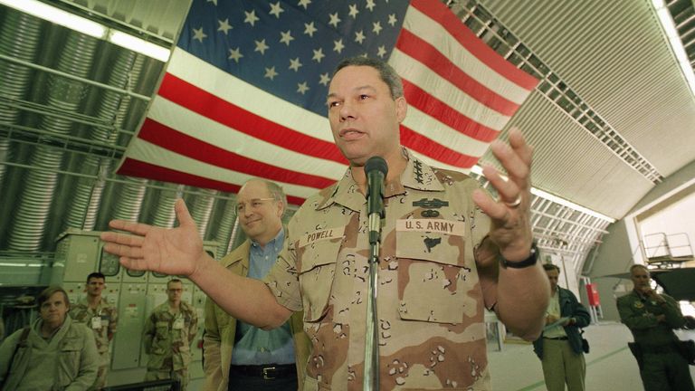 Gen. Colin Powell, Chairman of the Joint Chiefs of Staff, speaks to airmen inside a hanger at a secret airbase in Saudi Arabia on Sunday, Feb. 10, 1991. Powell and Secretary of Defense Dick Cheney, left, visited the airbase, where F-117A Stealth planes are based, during a three-day visit to Saudi Arabia. (AP Photo/J. Scott Applewhite)
PIC:AP

