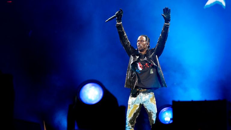 Travis Scott performs on day one of the Astroworld Music Festival at NRG Park on Friday, Nov. 5, 2021, in Houston. (Photo by Amy Harris/Invision/AP)