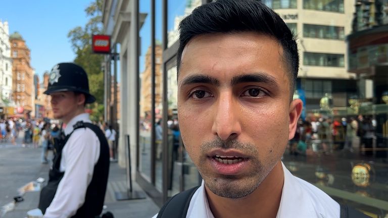 Security guard Abdullah who works at TWG Tea shop at the scene in Leicester Square.
Pic: PA