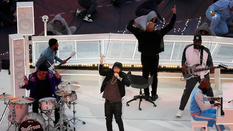 Eminem perform during halftime of the NFL Super Bowl 56 football game between the Los Angeles...