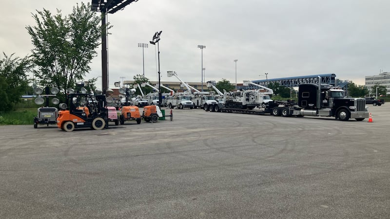 Power trucks stage in Eastlake, Ohio as crews begin to repair mass outages across the region.