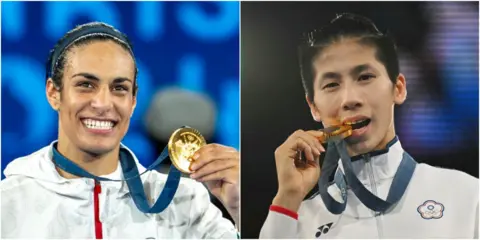 A picture of Imane Khelif and Lin Yu-ting with their boxing gold medals