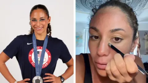 Split screen showing Olympian with medal and her applying makeup from a social media video