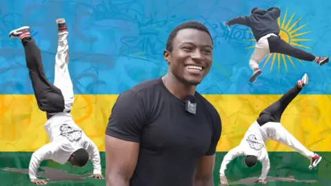 Composite image of Niyonzima Alfred smiling in centre of screen with accompanying shots of him doing parkour with the flag of Rwanda as a full-screen background