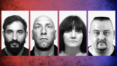 Promo image showing the police mugshots of four men sentenced over riot-related offences