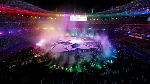 The interior of the Stade de France at night for the Olympic closing ceremony 