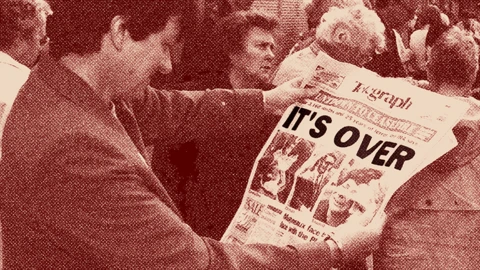 A stylised image of a woman reading a Belfast Telegraph with the headline "It's Over" in 1994