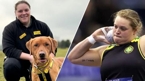 Composite image showing a woman smiling next to a dog, and competing in the shot put