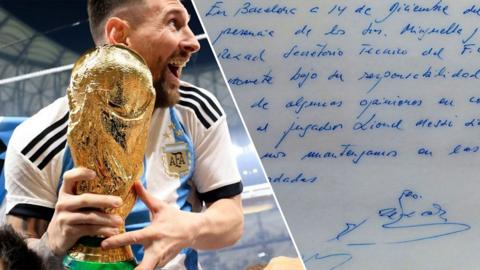 Messi holding the World Cup and a napkin he wrote on