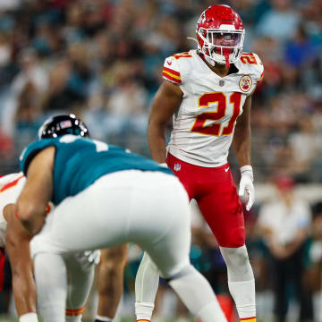 Aug 10, 2024; Jacksonville, Florida, USA; Kansas City Chiefs safety Jaden Hicks (21) lines up against the Jacksonville Jaguars in the second quarter during preseason at EverBank Stadium. Mandatory Credit: Nathan Ray Seebeck-USA TODAY Sports