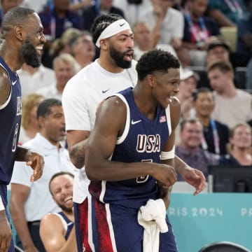 Aug 6, 2024; Paris, France; United States forward LeBron James (6) reacts with the bench in the first half against Brazil in a men’s basketball quarterfinal game during the Paris 2024 Olympic Summer Games at Accor Arena. Mandatory Credit: Kyle Terada-USA TODAY Sports