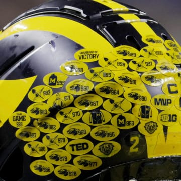 Dec 2, 2023; Indianapolis, IN, USA; The helmet of Michigan Wolverines running back Blake Corum (2) before the Big Ten Championship game against the Iowa Hawkeyes at Lucas Oil Stadium. Mandatory Credit: Trevor Ruszkowski-USA TODAY Sports