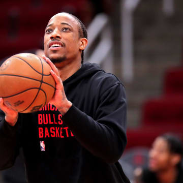 Mar 21, 2024; Houston, Texas, USA; Chicago Bulls forward DeMar DeRozan (11) works out prior to the game against the Houston Rockets at Toyota Center. Mandatory Credit: Erik Williams-USA TODAY Sports
