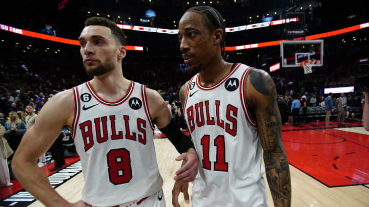 Apr 12, 2023; Toronto, Ontario, CAN; Chicago Bulls guard Zach LaVine (8) and forward DeMar DeRozan (11) come off the court after a win over the Toronto Raptors in NBA Play-In game 3 at Scotiabank Arena. Mandatory Credit: John E. Sokolowski-USA TODAY Sports