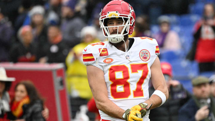 Jan 28, 2024; Baltimore, Maryland, USA; Kansas City Chiefs tight end Travis Kelce (87) looks on from the field prior to the AFC Championship football game against the Baltimore Ravens at M&T Bank Stadium. Mandatory Credit: Tommy Gilligan-USA TODAY Sports