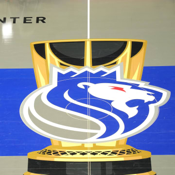 Dec 4, 2023; Sacramento, California, USA; The Sacramento Kings logo for the In-Season Tournament is displayed at mid-court before the game against the New Orleans Pelicans at Golden 1 Center. Mandatory Credit: Darren Yamashita-USA TODAY Sports