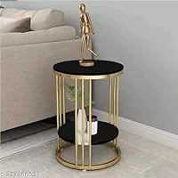 Ideal HANDICRAFTS Modern Double-Top Round Side Table for Living Room, Bedroom | with Iron Frame & Wooden Top | Coffee...