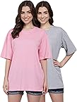 FUNDAY FASHION Cotton Half Sleeve Printed Oversized T-Shirt for Womens/Girls (Pack of 2) (Small, Grey & Pink)