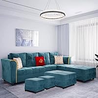 Sunuzu Melrona 8 Seater Fabric RHS Sectional L Shape Sofa Set with 1 Centre Table & 2 Puffy - (Teal)