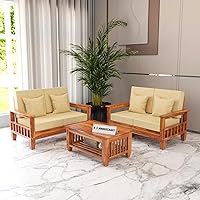 RJ HANDICRAFT Solid Sheesham Wooden 4 Seater Sofa Set for Living Room | 4 Seater Cushion Sofa with Side Books &...