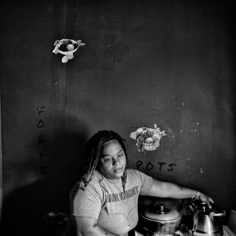 Philadelphia, PA.  Philadelphia has a population of 1,526,006 and 26.7% live below the poverty level.  Dawn Hawkins cooks at home.