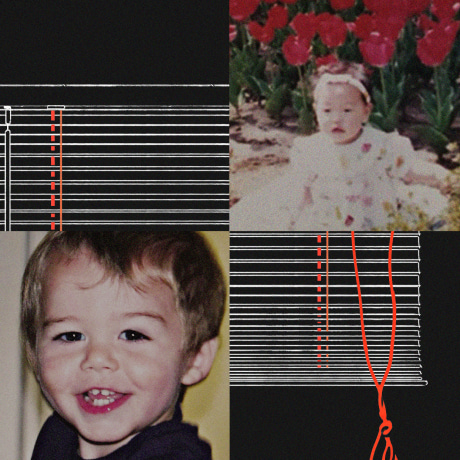 Photo illustration of children who were strangled by window covering cords and an illustration of inner and outer window covering cords on slated window blinds.