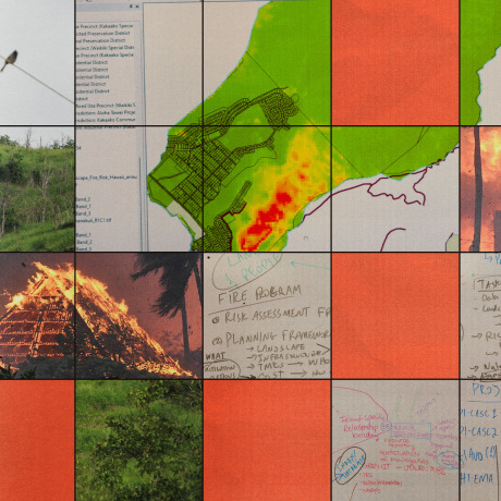 Photo illustration of a grid showing a fire mapping computer program, the Lahaina wildfire burning in 2023, and a white board with notes.