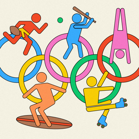 Illustration of figures playing various sports within Olympic rings 