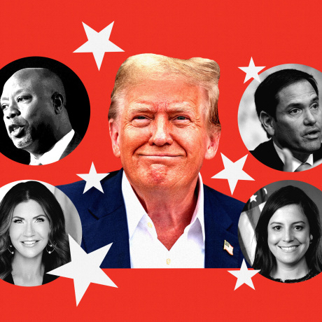 Photo collage of Donald Trump and potential VP candidates: Marc Rubio, Sara Huckabee Sanders, Elise Stefanik, Kristi Noem, Ben Carson, and Tim Scott