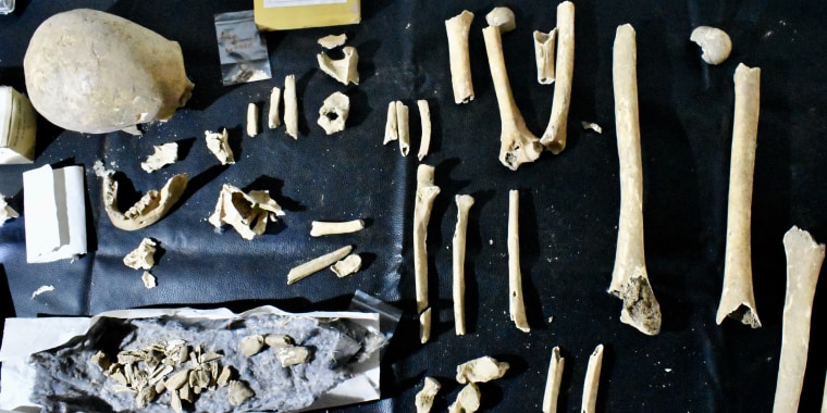 Human remains found in a tomb in northwestern Spain likely to belong to a ninth-century bishop believed to have helped create the Camino de Santiago, one of Christianity's most popular pilgrimages, are displayed, in Santiago de Compostela, Spain November 20, 2019.