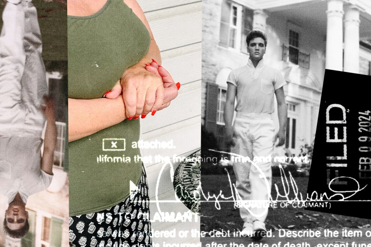 Photo collage of Elvis Presley at Graceland; Lisa at her home clasping her hands together; signatures and text from legal documents