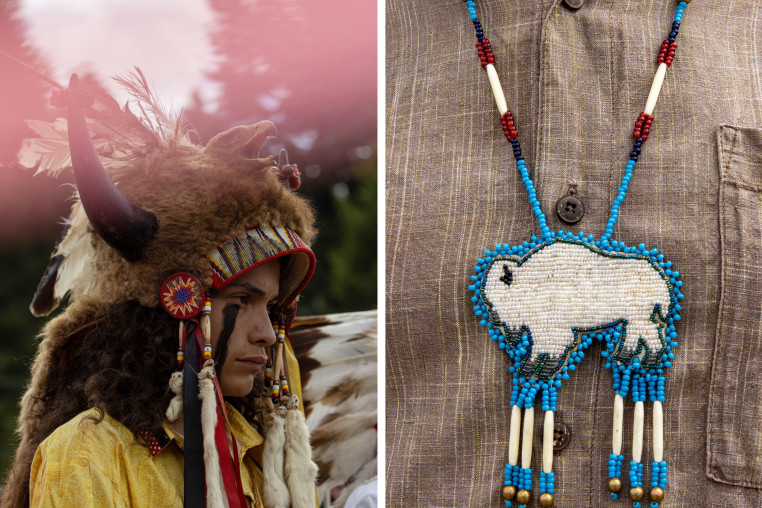 Side by side of Ota Bluehorse  and   a detail shot of a beaded white buffalo