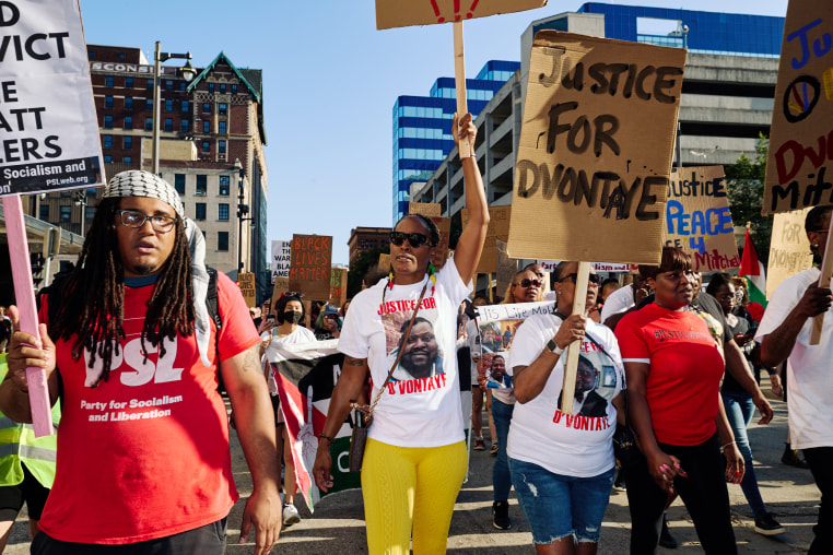 The Coalition to March on the Republican National Convention leads a protest in Milwaukee last month over the deaths of D’Vontaye Mitchell and Sam Sharpe Jr., on July 18, 2024.