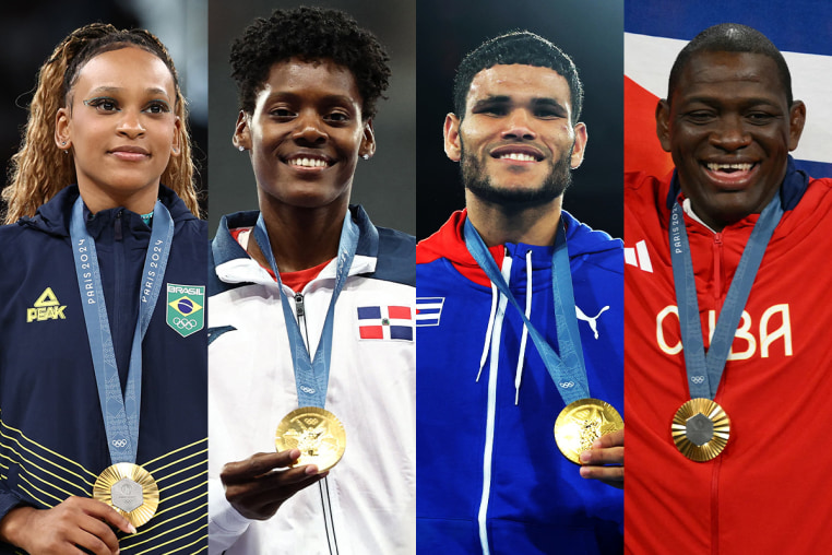 A side by side of Rebeca Andrade, Marileidy Paulino, Erislandy Alvarez and Mijain Lopez Nunez with their gold medals