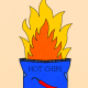 Illustrated chip bags with fire burning within them.