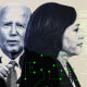 Photo illustration of Biden and Harris, covered with glitchy texts and binary code