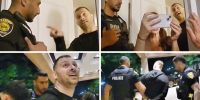 Screenshots of body camera footage of Michael Spandone, a former Project Veritas field director, being questions and later arrested by police at a hotel in Michigan in May.