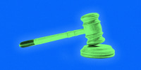 Photo illustration of a neon-green gavel against a blue background